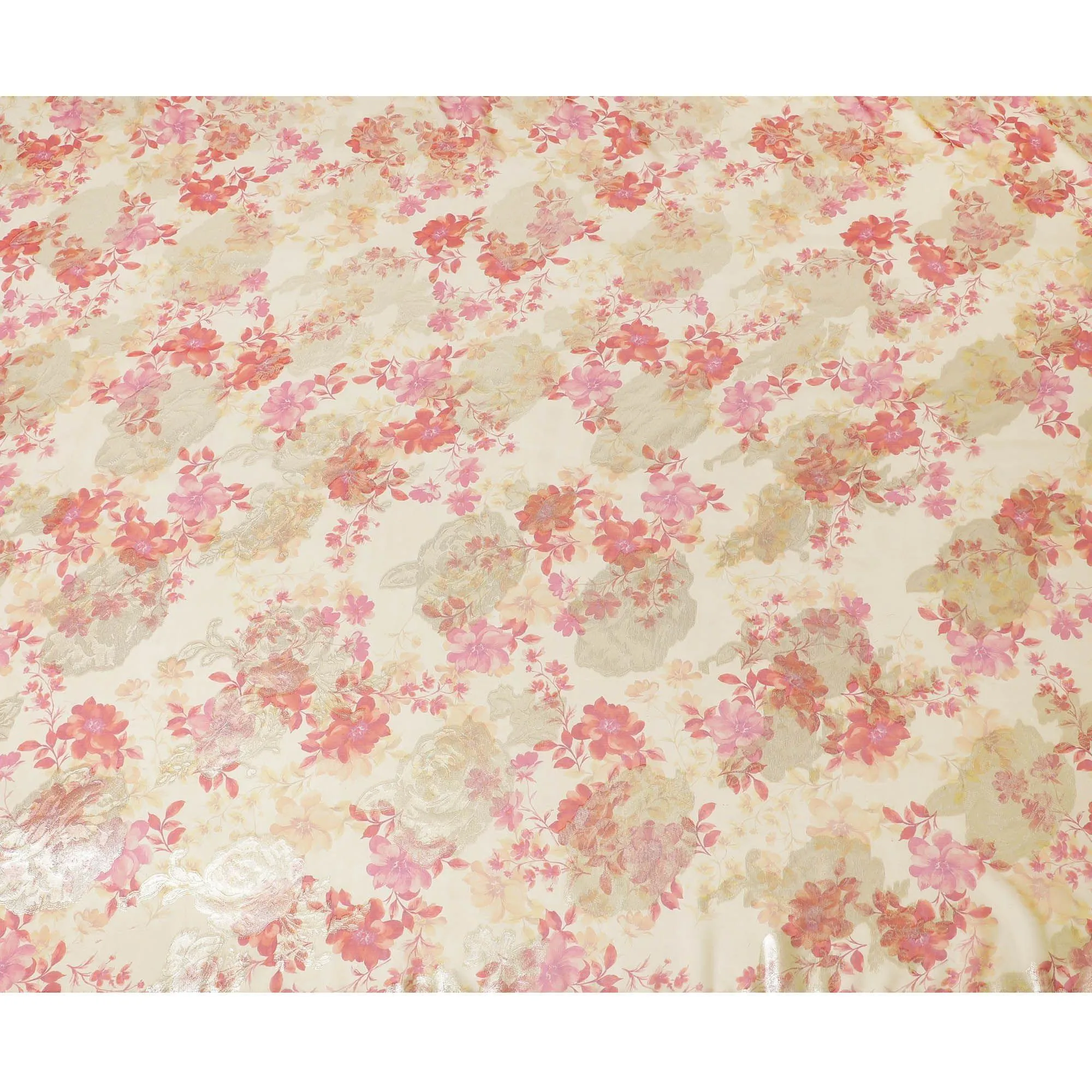 Beige premium pure silk chiffon fabric with brick pink, salmon print having gold metallic lurex in floral design-D10784