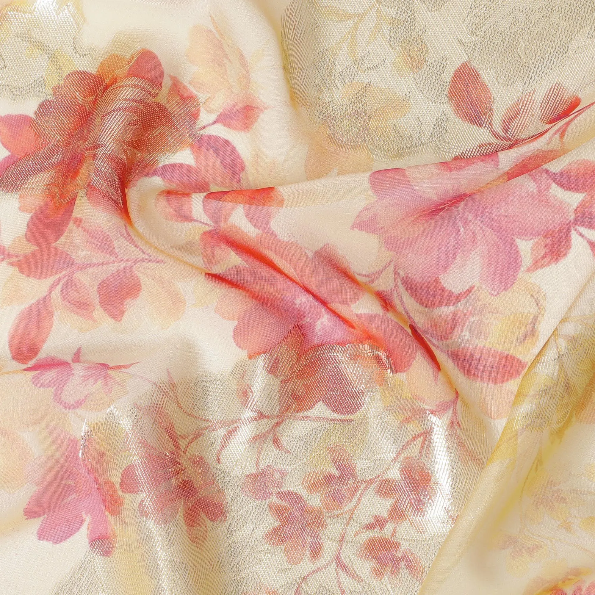 Beige premium pure silk chiffon fabric with brick pink, salmon print having gold metallic lurex in floral design-D10784