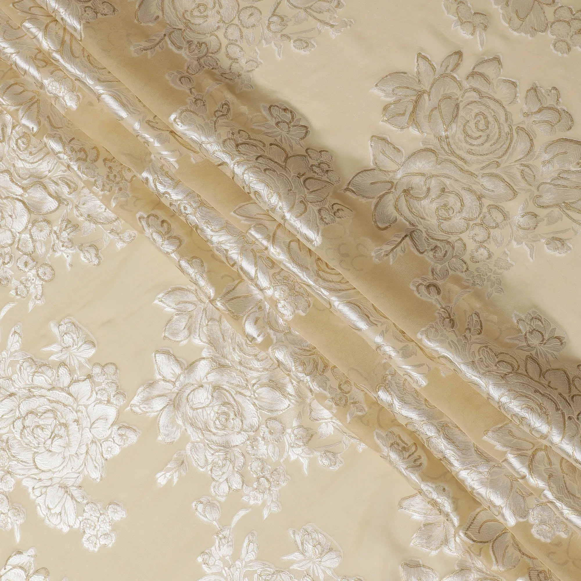 Beige premium pure silk chiffon fabric with grey viscose and gold foil print in floral design-D16260