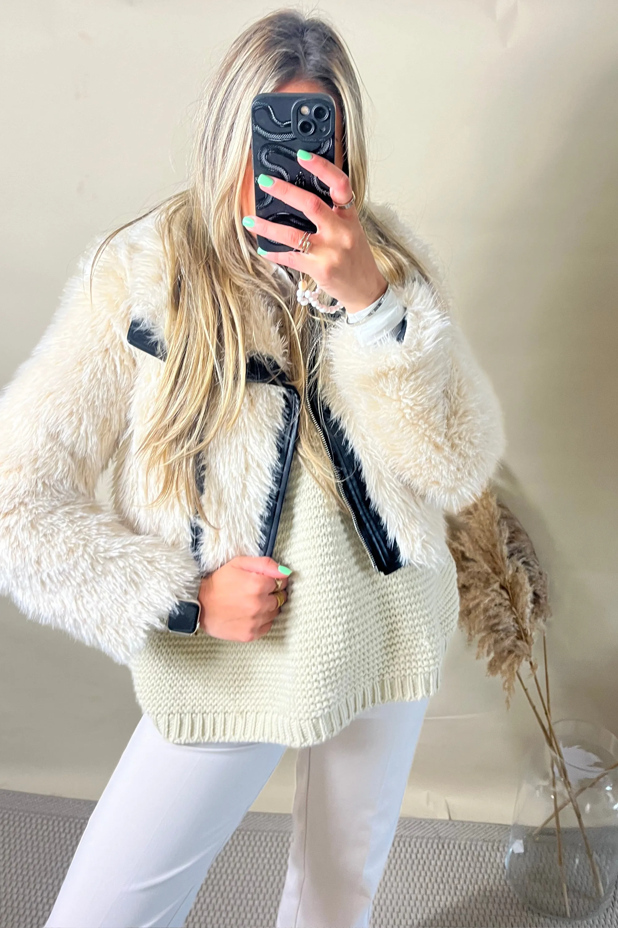 Beige Shaggy Faux Fur Biker Jacket