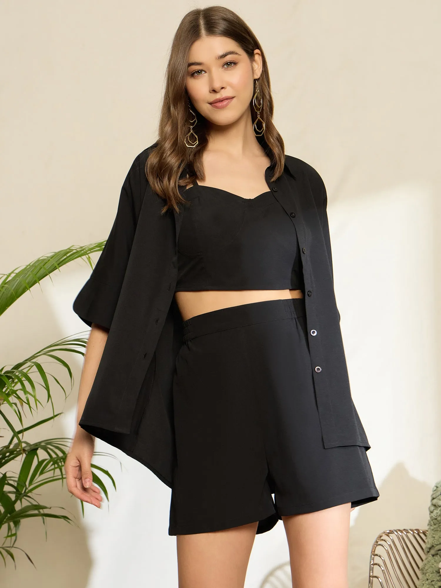 Berrylush Women Black Solid Short Sleeve Crop top & Longline Shrug With High Rise Shorts