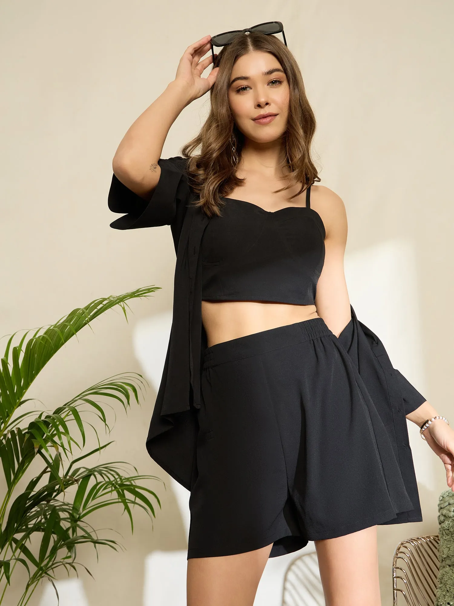 Berrylush Women Black Solid Short Sleeve Crop top & Longline Shrug With High Rise Shorts