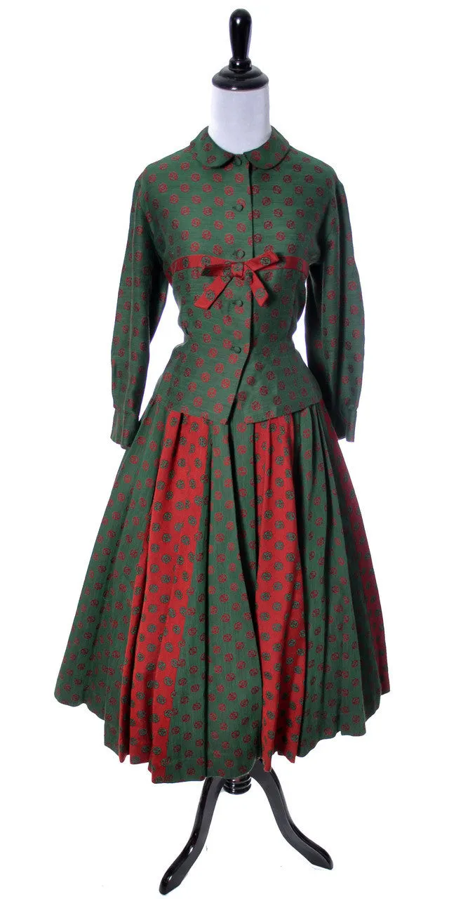 Bessie Becker Vintage 1950s 2 Piece Dirndl Skirt and Top Red & Green