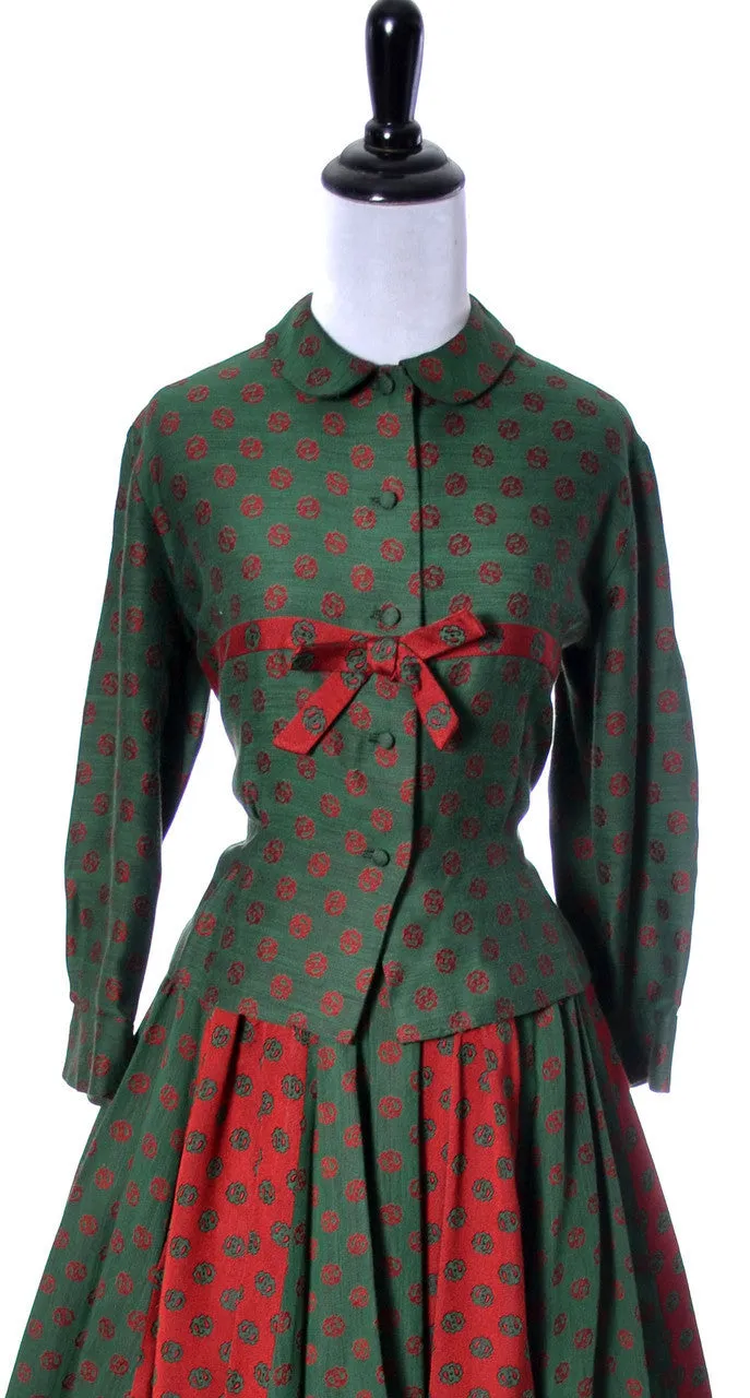 Bessie Becker Vintage 1950s 2 Piece Dirndl Skirt and Top Red & Green