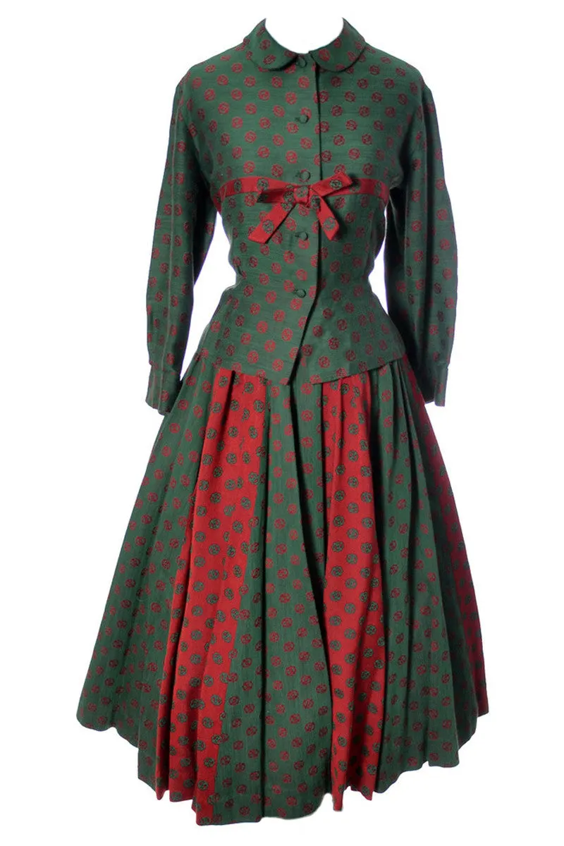 Bessie Becker Vintage 1950s 2 Piece Dirndl Skirt and Top Red & Green