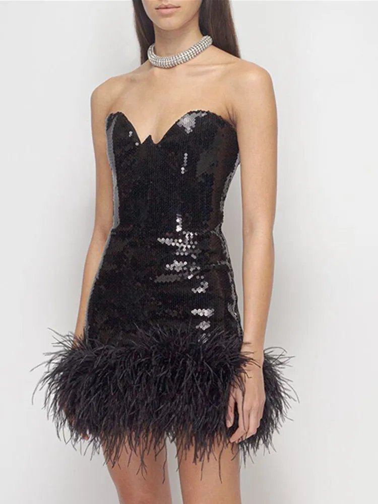 Black Backless Feather Sequins Mini Dress