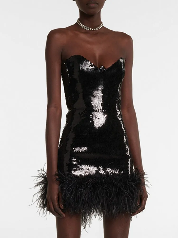 Black Backless Feather Sequins Mini Dress