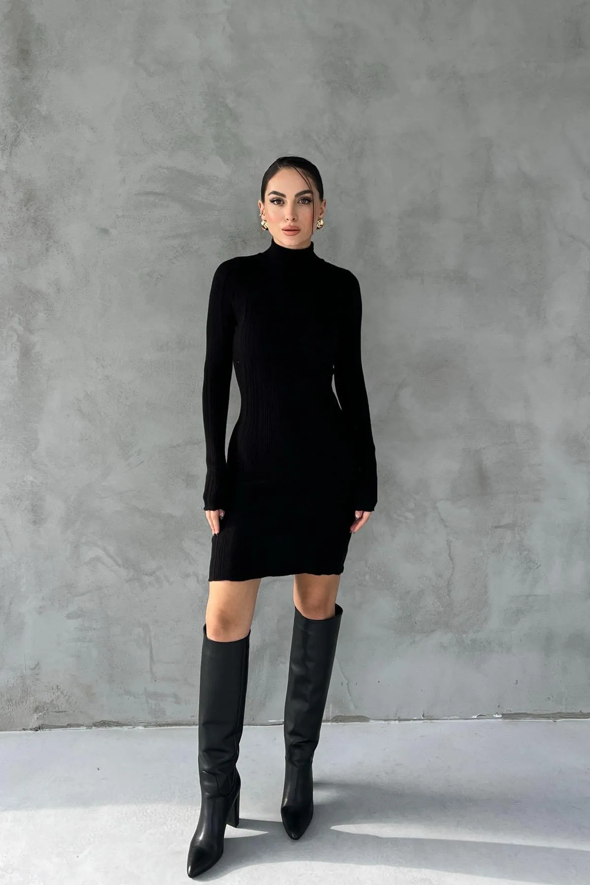 Black Corduroy Half Turtleneck Knit Dress