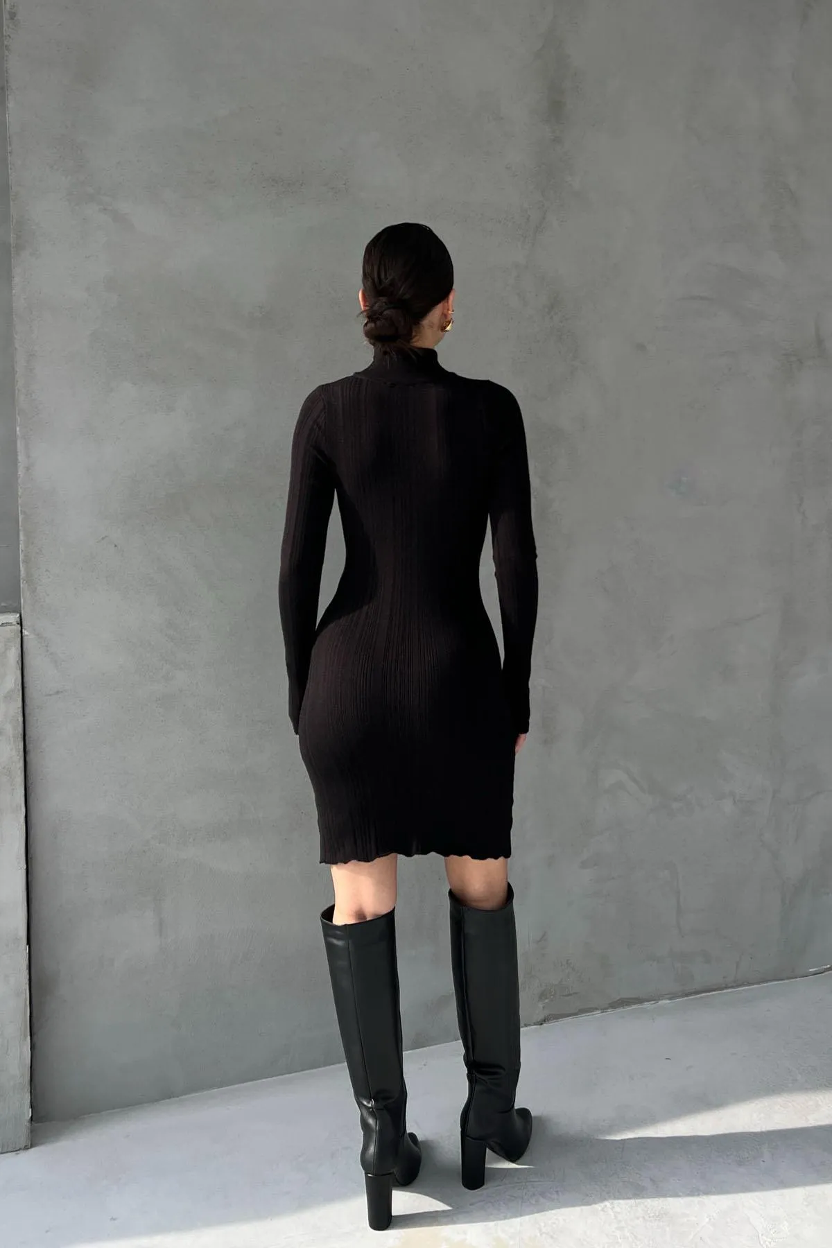 Black Corduroy Half Turtleneck Knit Dress