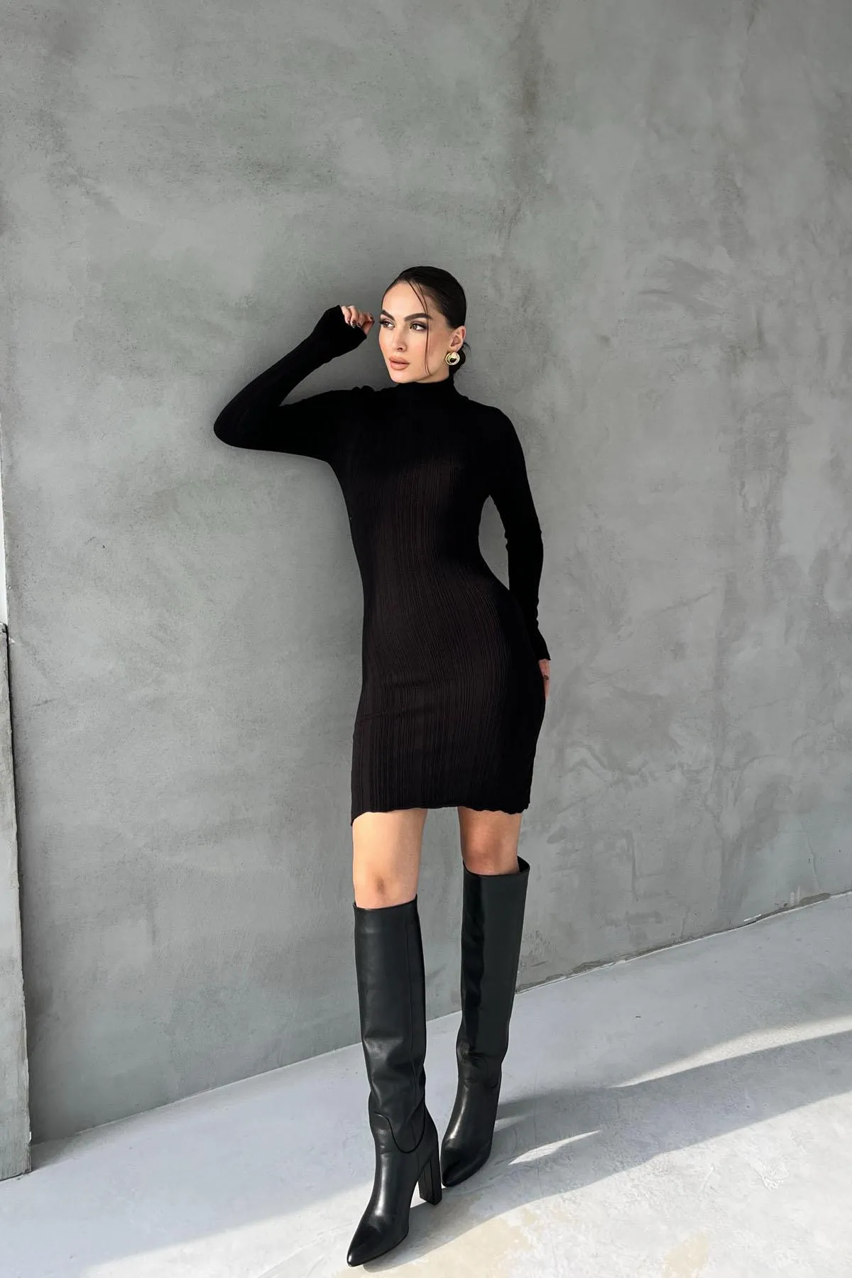 Black Corduroy Half Turtleneck Knit Dress