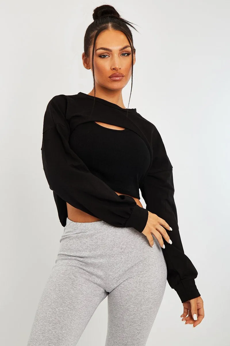 Black Double Layer Crop Sweatshirt - Jannie