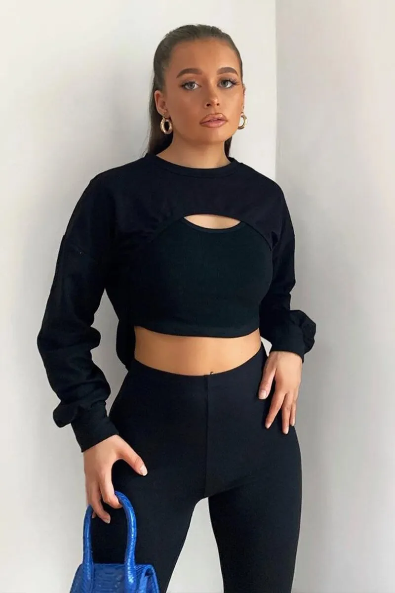 Black Double Layer Crop Sweatshirt - Jannie