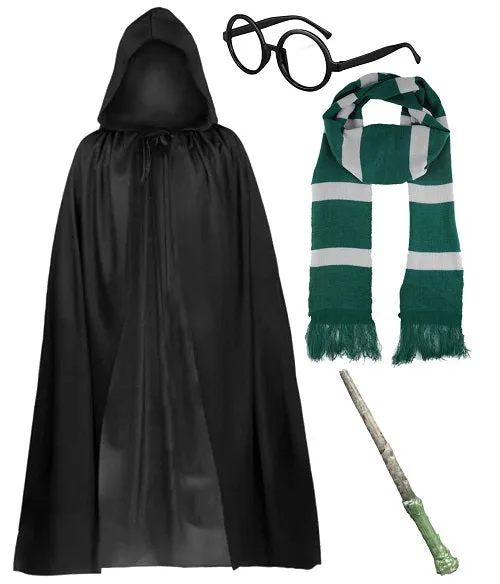 Black Hooded Cape Evil Wizard Costume Set - Scarf, Glasses, and Wand Included for a Spellbinding Halloween Look