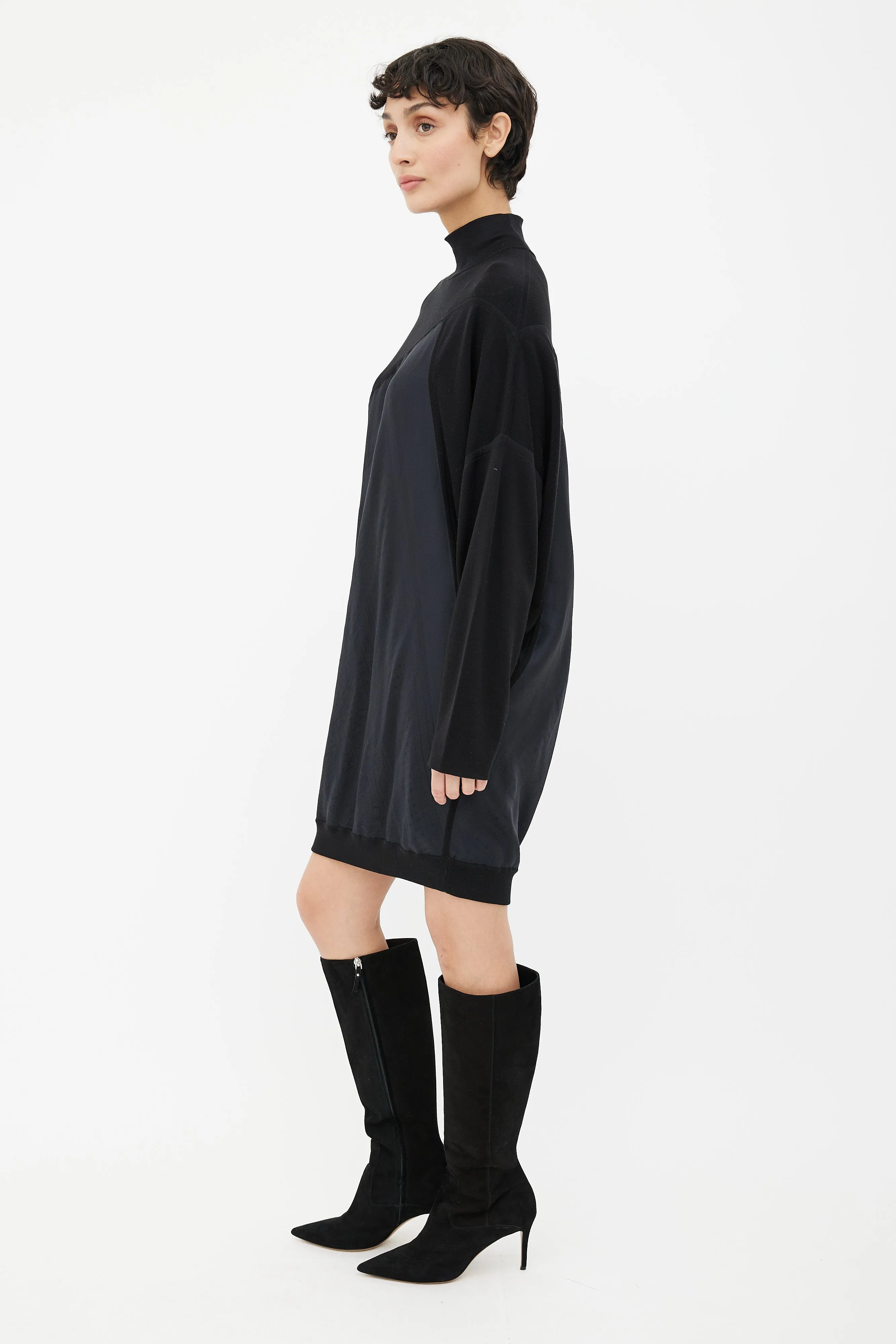 Black Knit Jacquard Turtleneck Dress