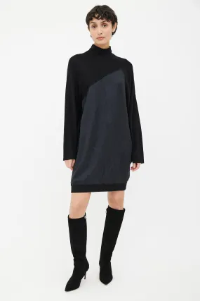 Black Knit Jacquard Turtleneck Dress