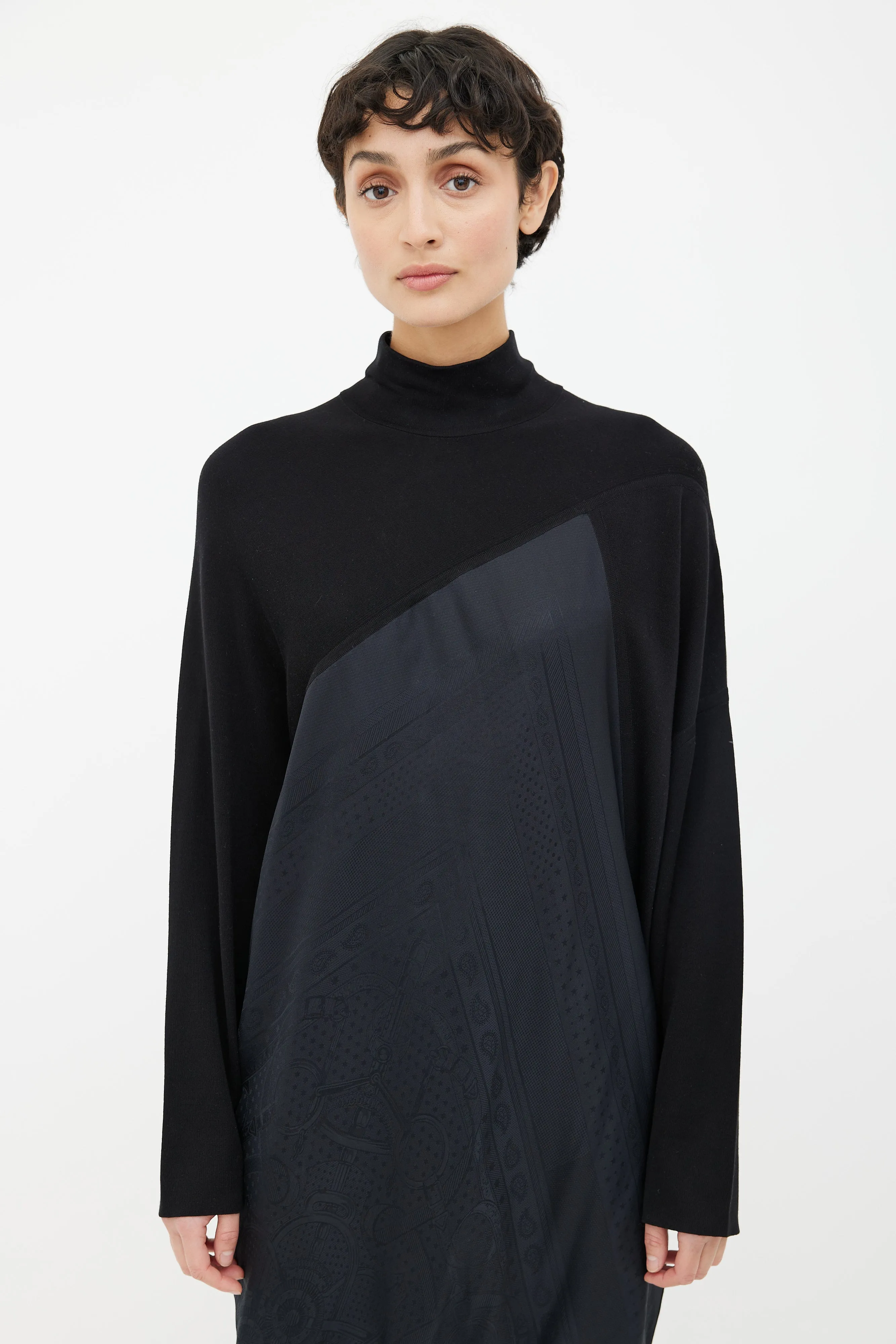 Black Knit Jacquard Turtleneck Dress