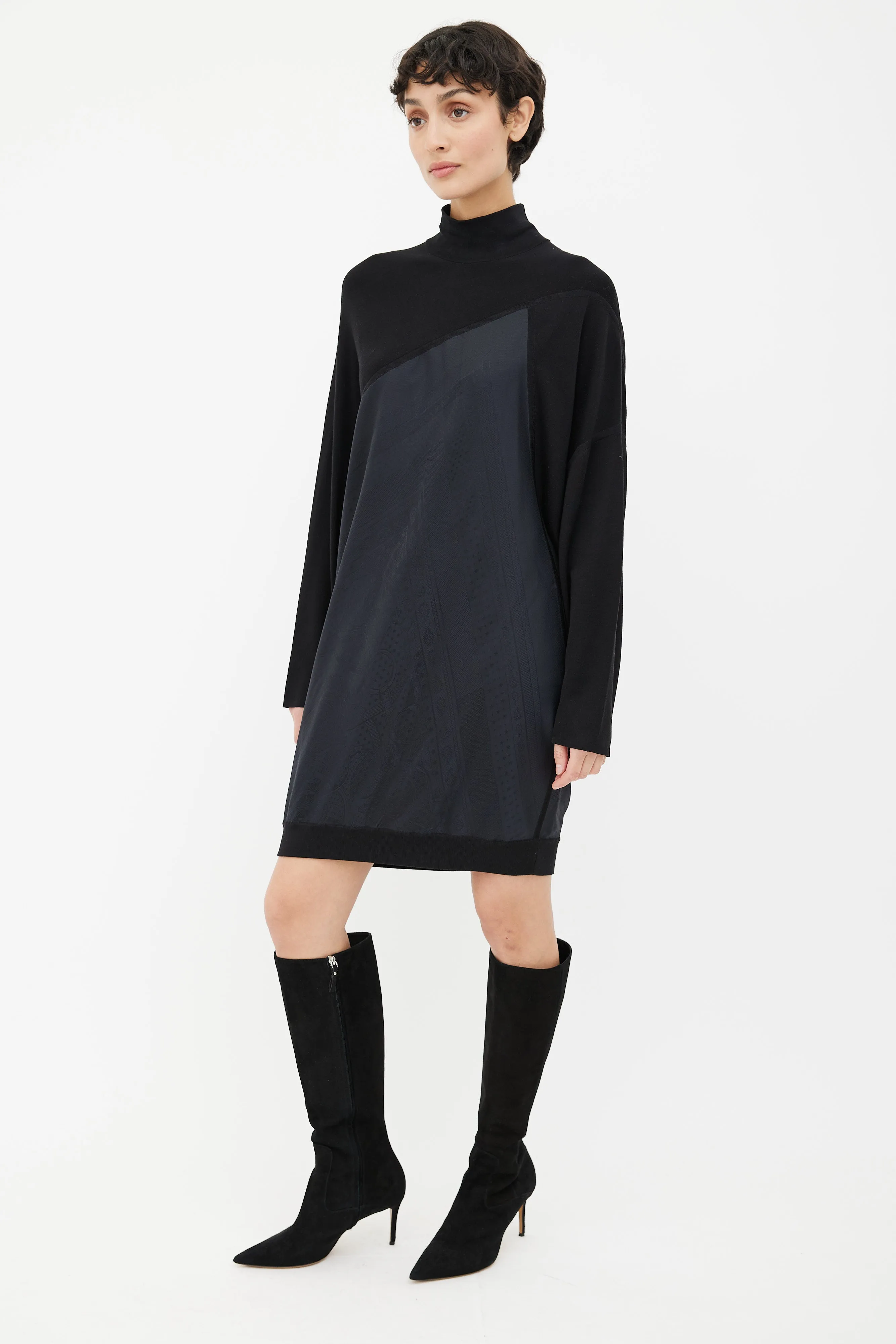 Black Knit Jacquard Turtleneck Dress