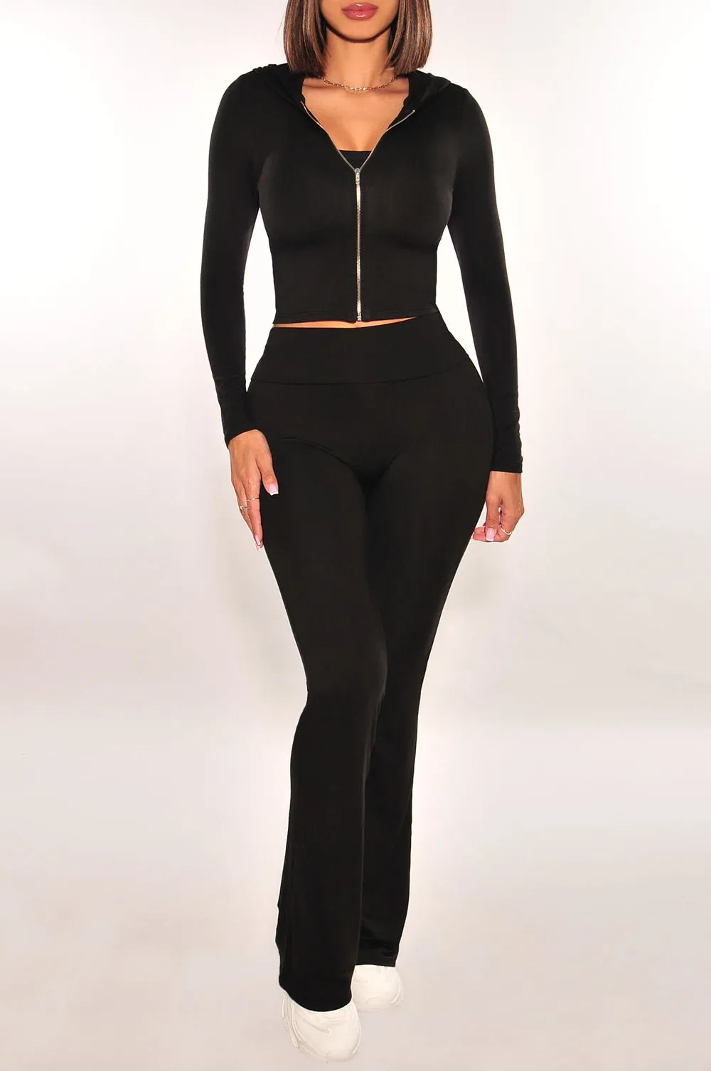 Black Long Sleeve Zip Up Hooded High Waist Foldover Flare Pants Two Piece Set