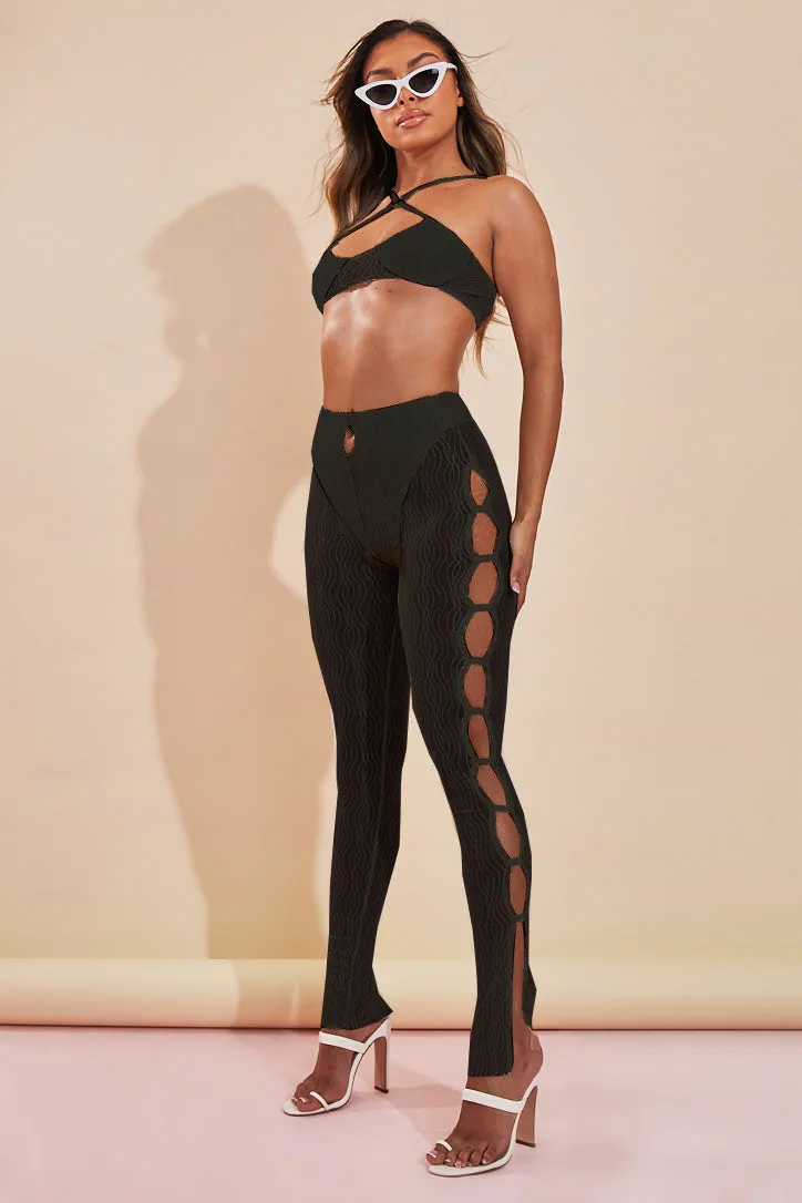 Black Mesh Halter Neck Crop Top & Cut Out Leggings - Fara