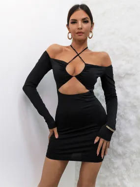 Black Off Shoulder Cross Sling Bodycon Dress