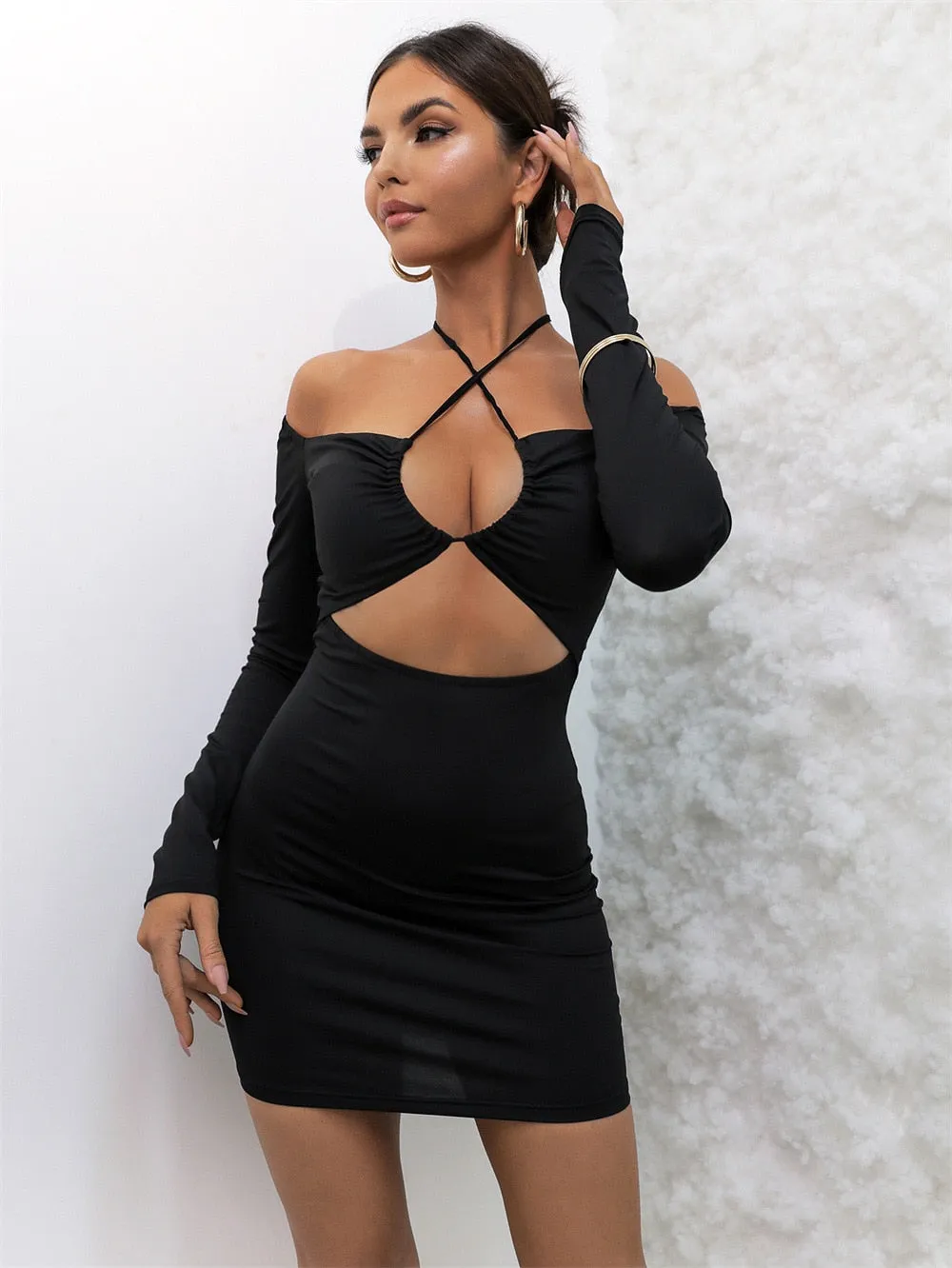 Black Off Shoulder Cross Sling Bodycon Dress