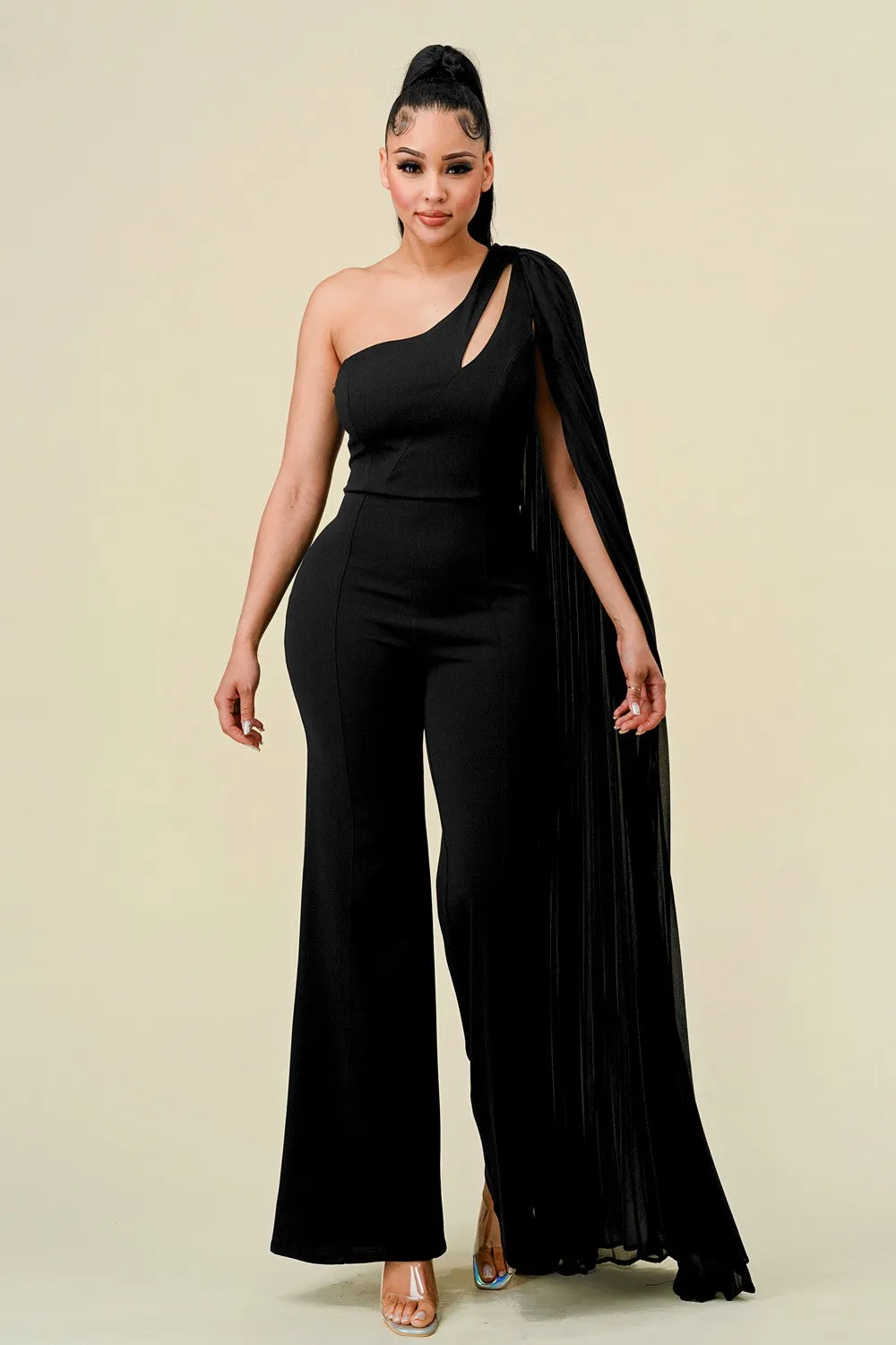 Black One Shoulder Cut Out With Pleats Layer Jumpsuit