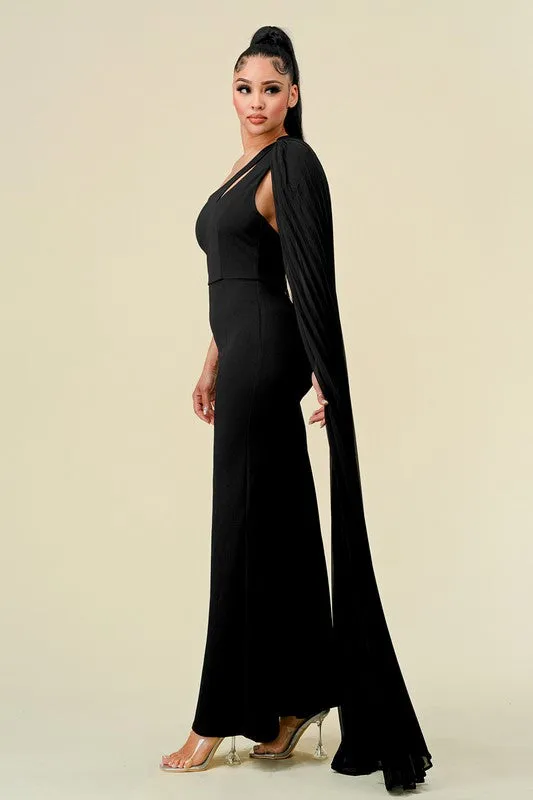 Black One Shoulder Cut Out With Pleats Layer Jumpsuit