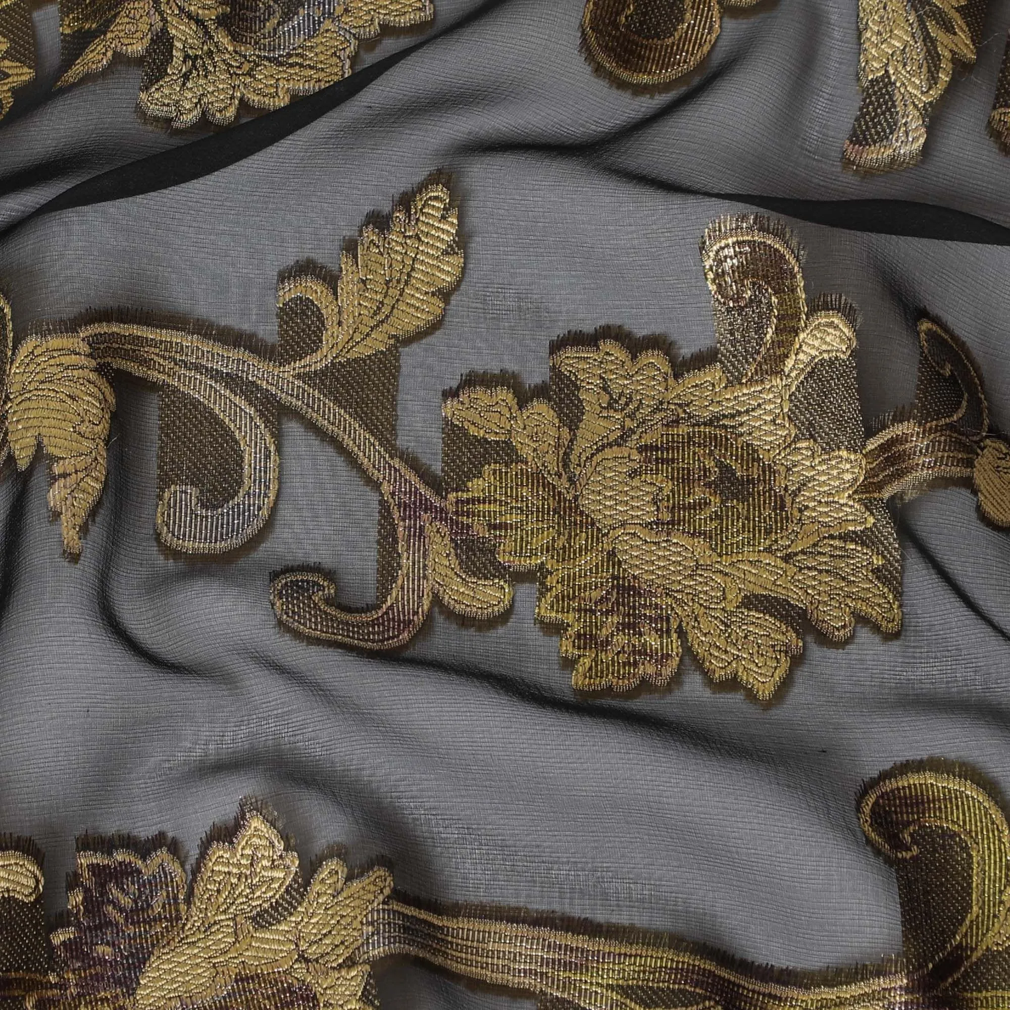 Black Premium pure French (Fransawi) silk chiffon fabric with gold viscose and metallic lurex in floral design-D16288