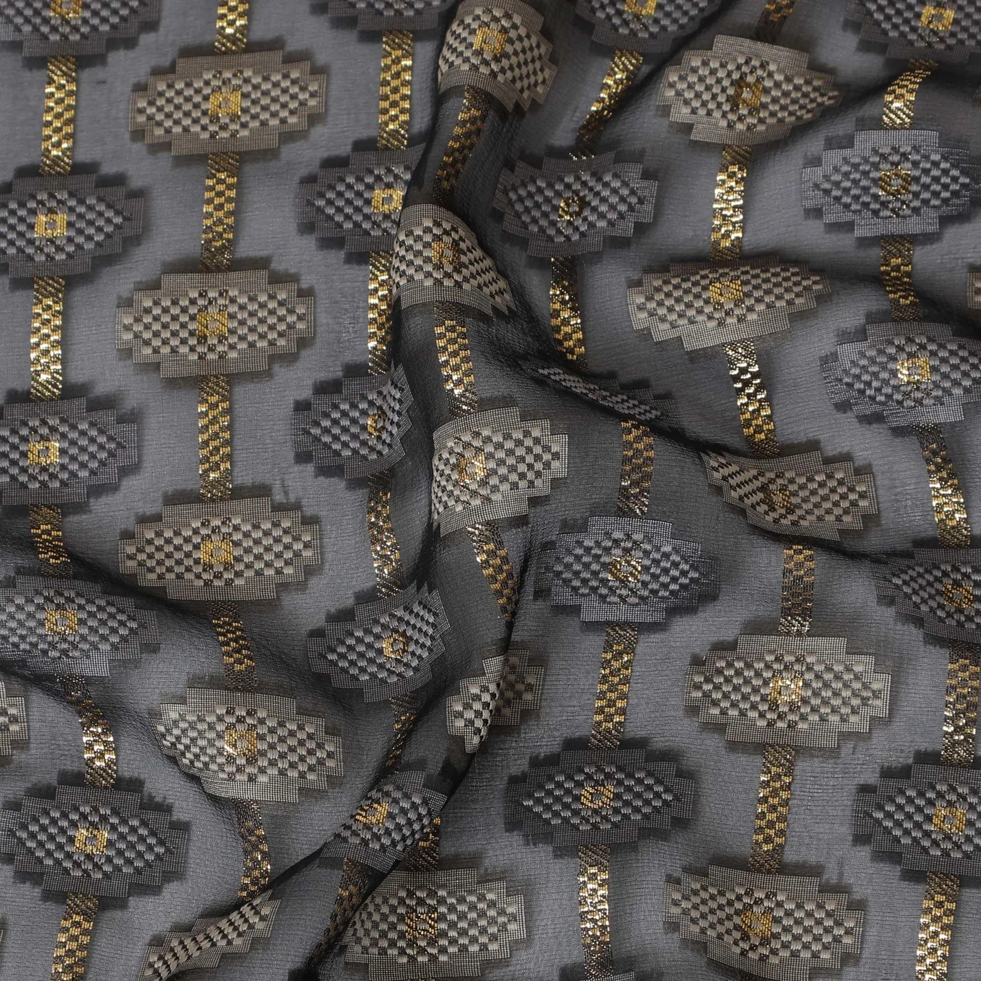 Black Premium pure French (Fransawi) silk chiffon fabric with grey viscose having gold metallic lurex in abstract design-D12704