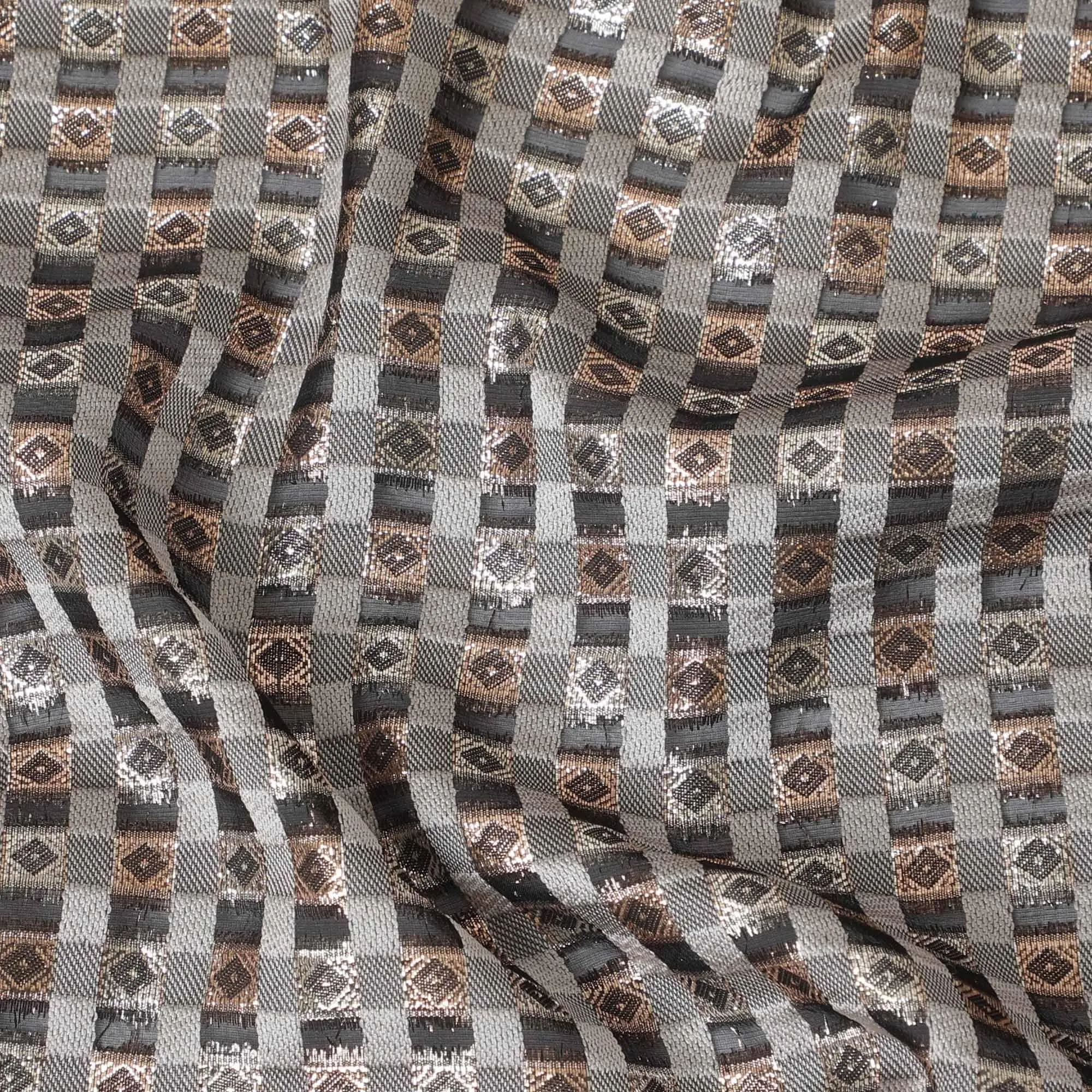 Black premium pure French (Fransawi) silk chiffon fabric with grey viscose having golden silver and copper brown metallic lurex in abstract design-D13850