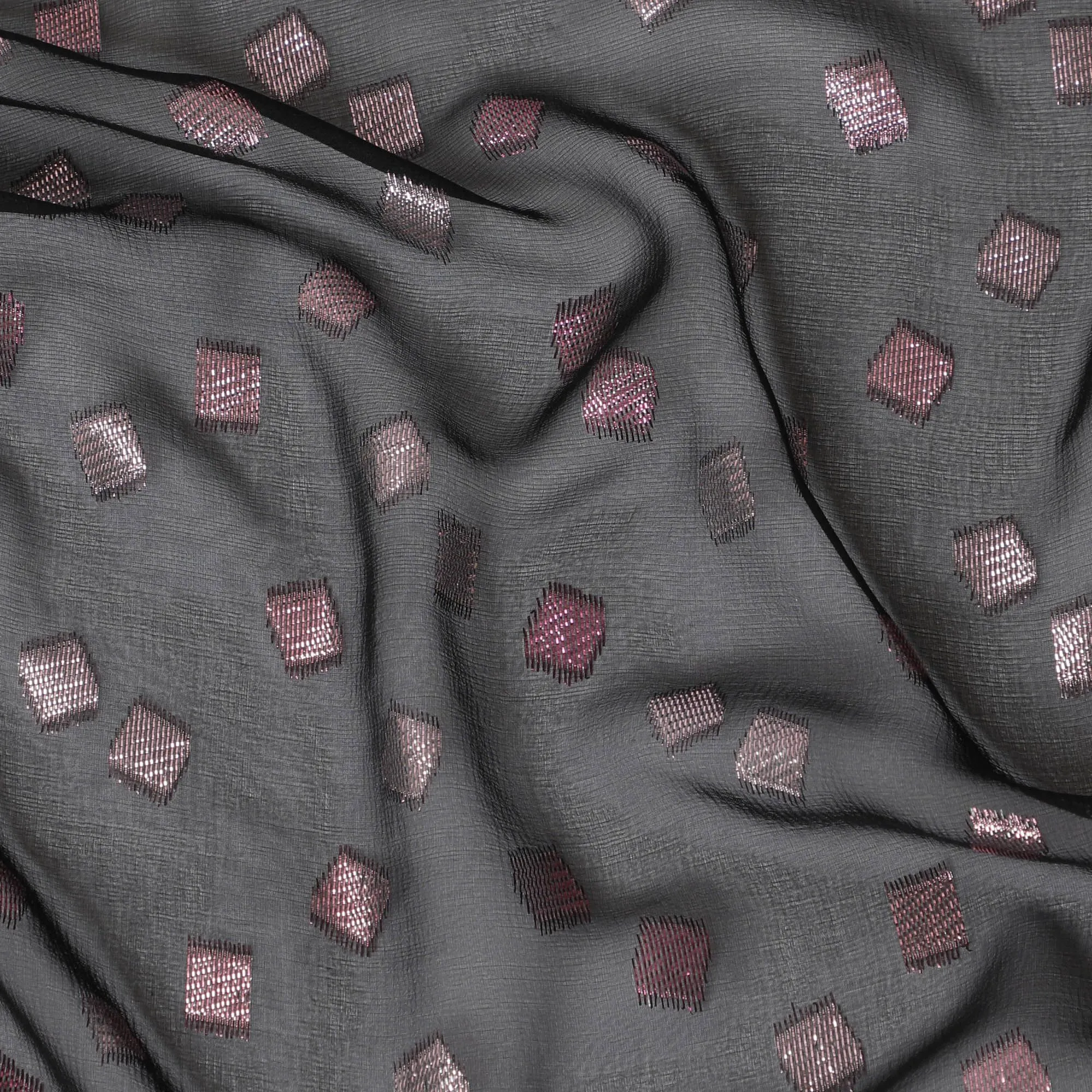 Black Premium pure French (Fransawi) silk chiffon fabric with light pink metallic lurex in geometric design-D16440