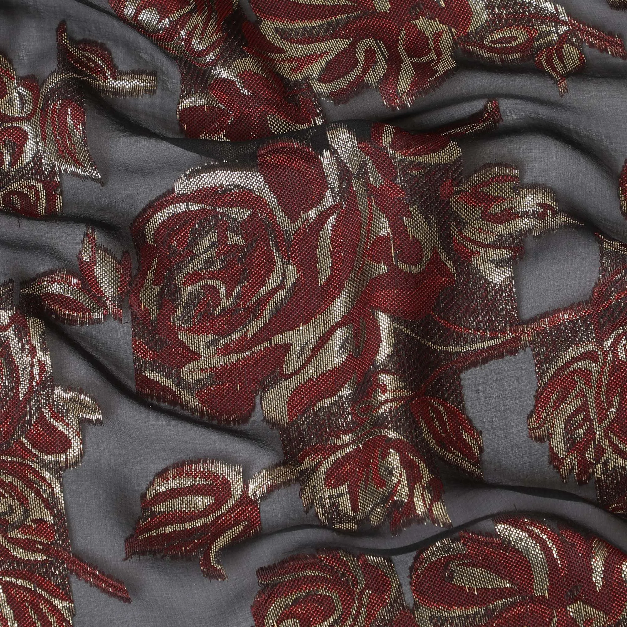 Black Premium pure French (Fransawi) silk chiffon fabric with maroon viscose and gold metallic lurex in floral design-D16545