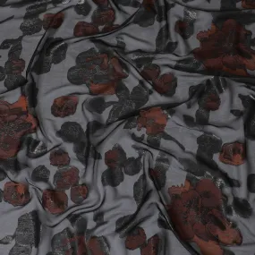 Black Premium pure French (Fransawi) silk chiffon fabric with red viscose and black metallic lurex in floral design-D16961