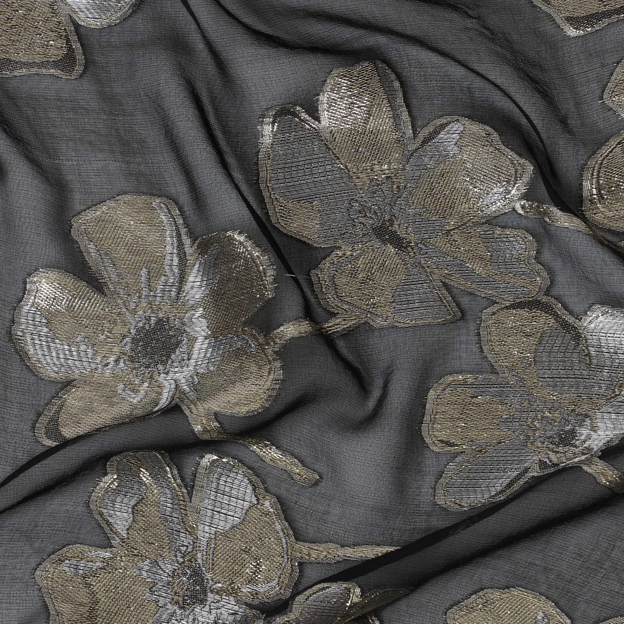 Black Premium pure silk chiffon fabric with same tone viscose having gold and silver metallic lurex in floral design-D17237