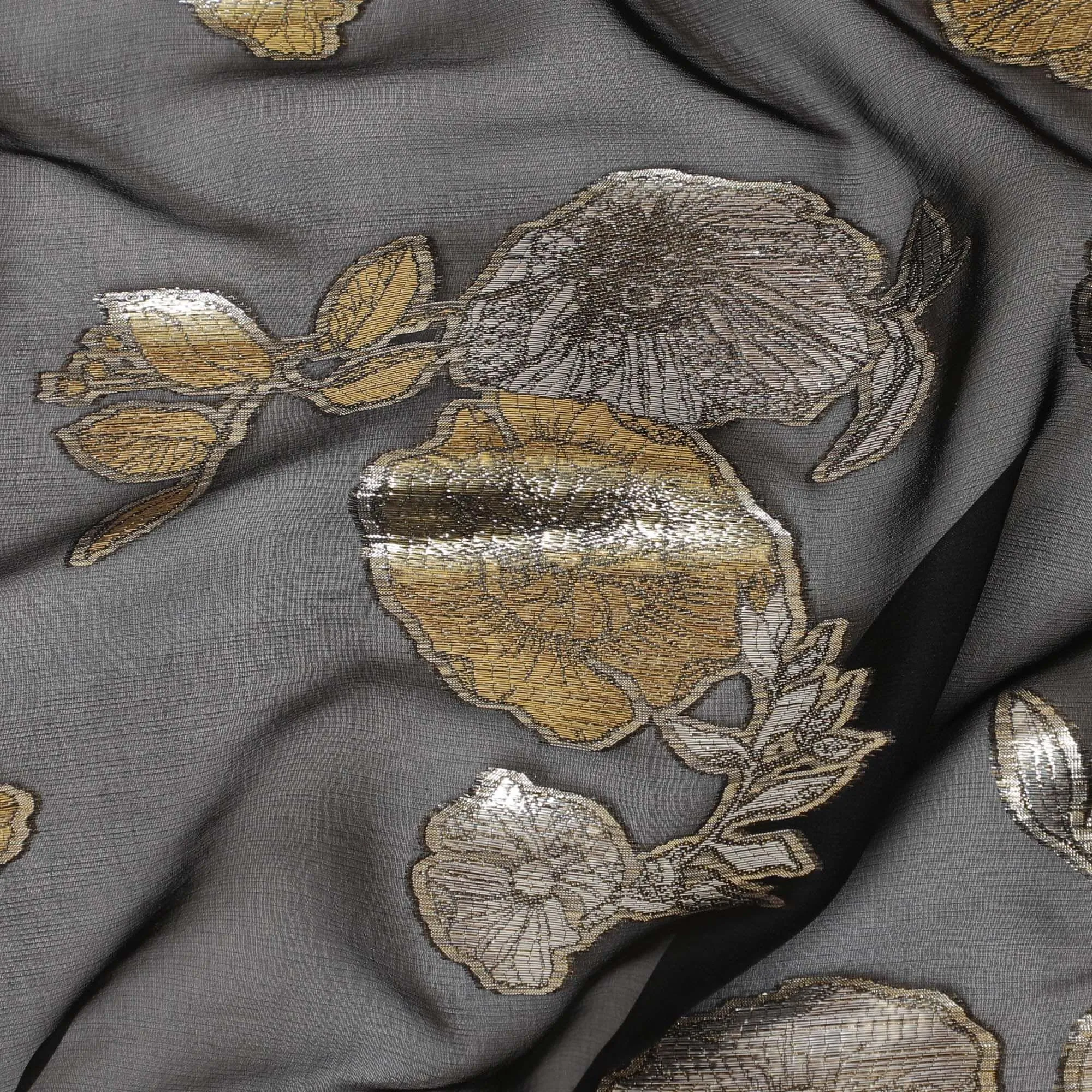 Black pure silk chiffon fabric with gold and silver metallic lurex in floral design-D7463