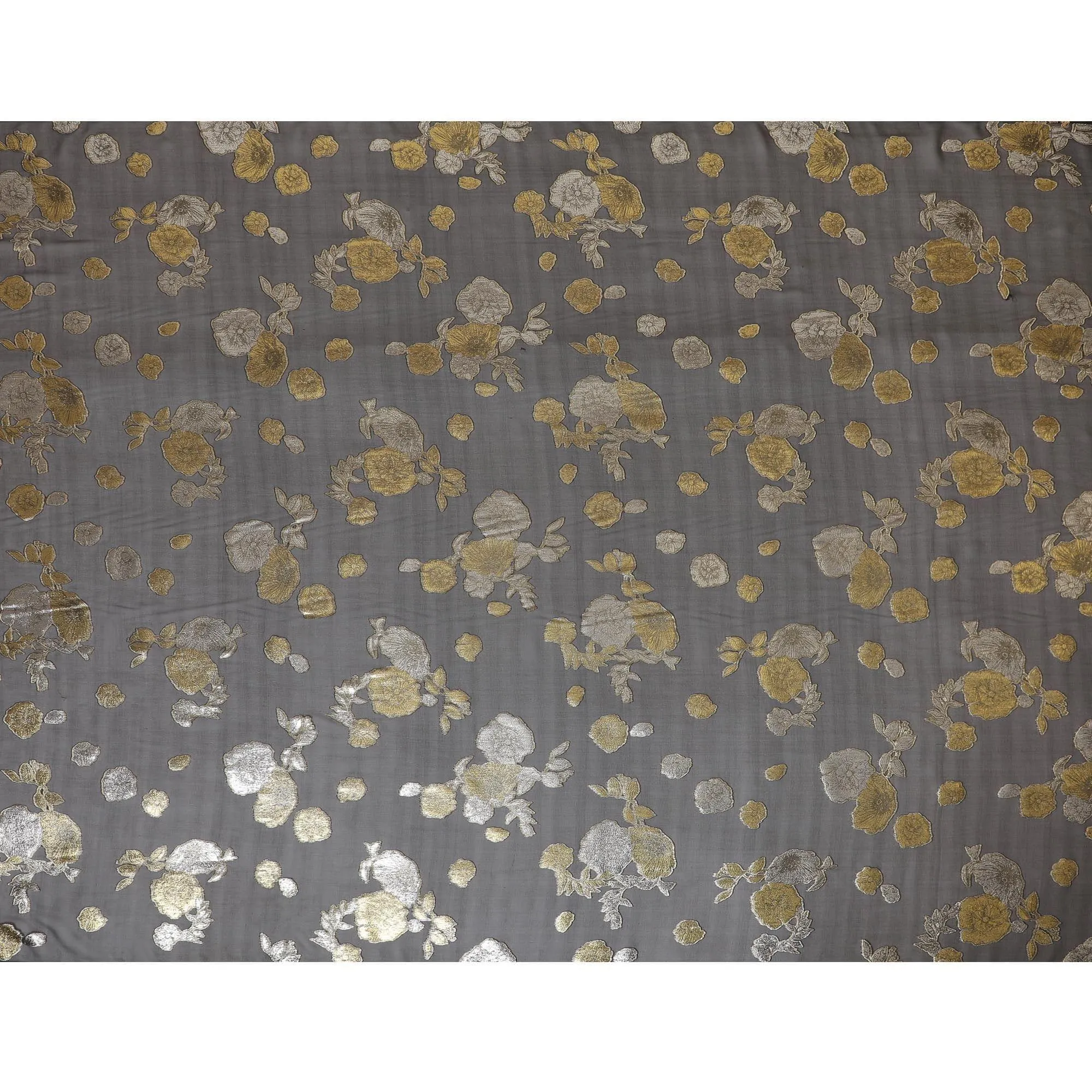 Black pure silk chiffon fabric with gold and silver metallic lurex in floral design-D7463