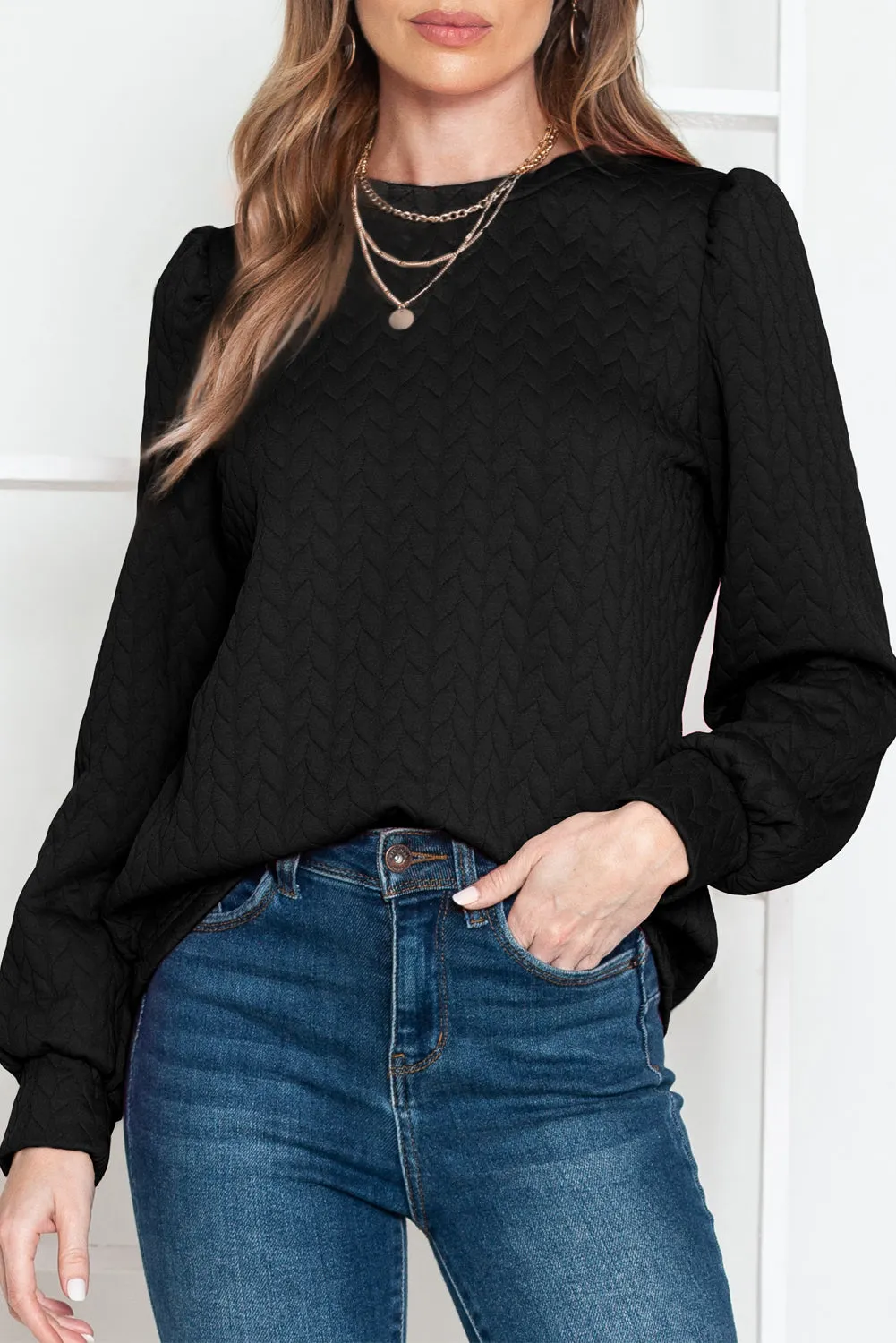 Black Quilted Puff Sleeve Sweatshirt