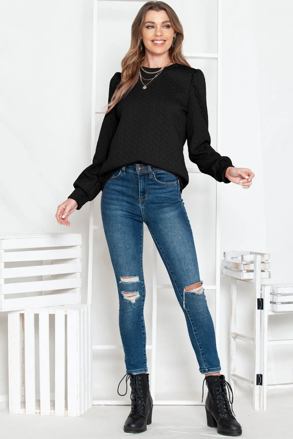 Black Quilted Puff Sleeve Sweatshirt