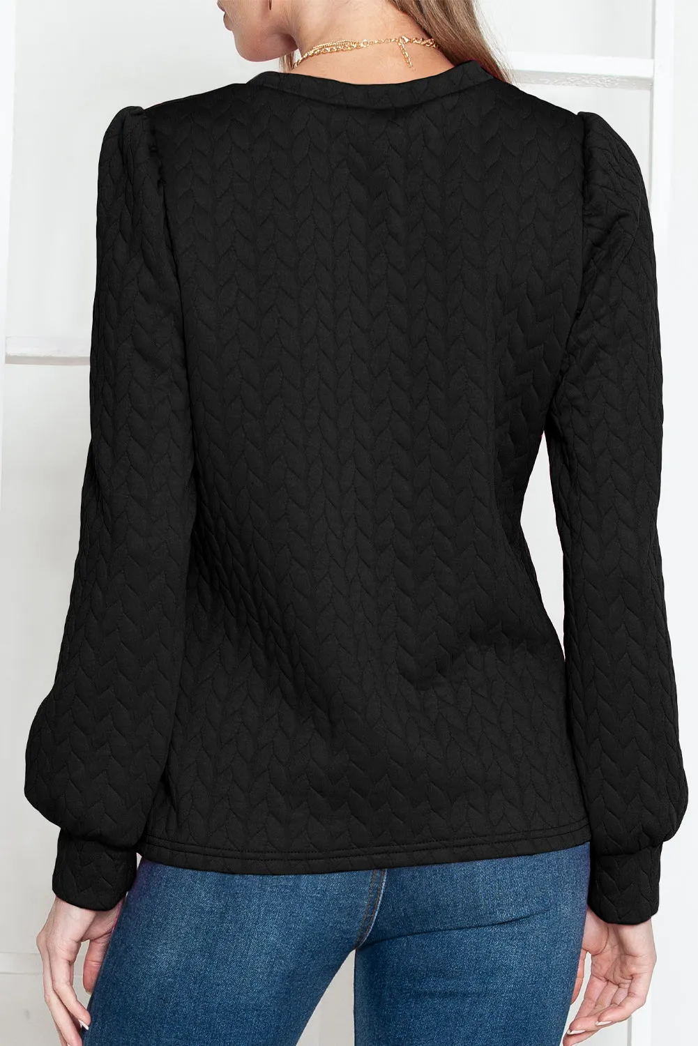 Black Quilted Puff Sleeve Sweatshirt