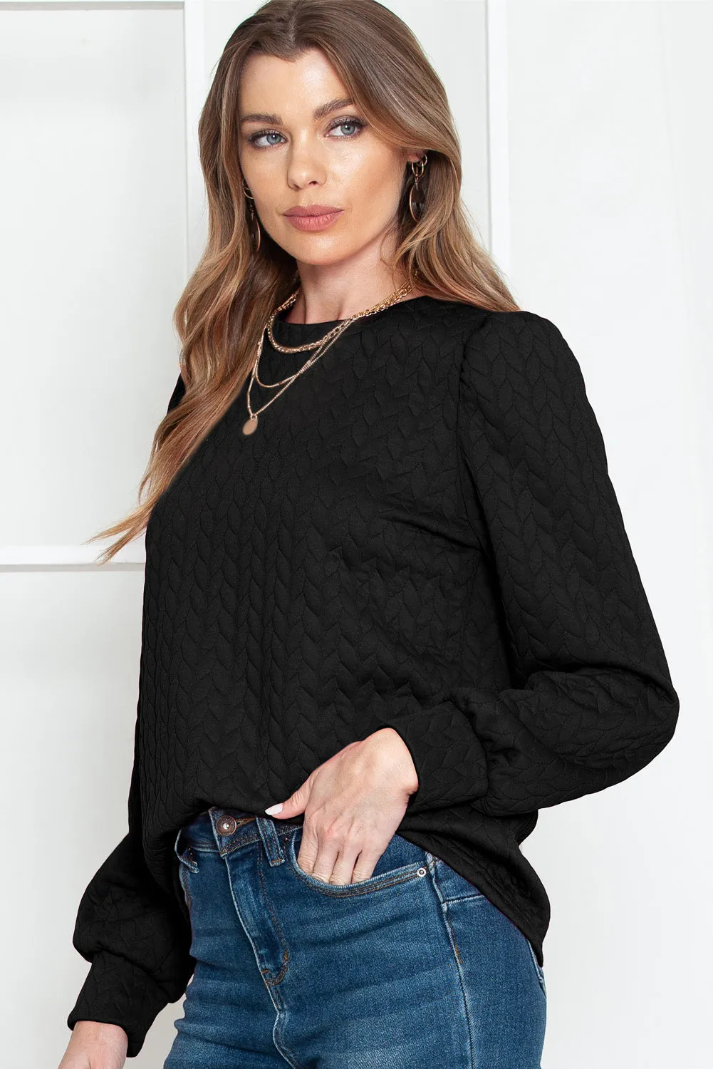 Black Quilted Puff Sleeve Sweatshirt