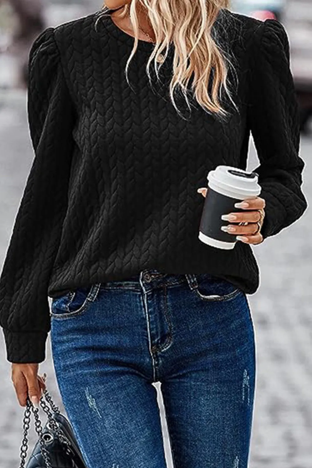 Black Quilted Puff Sleeve Sweatshirt