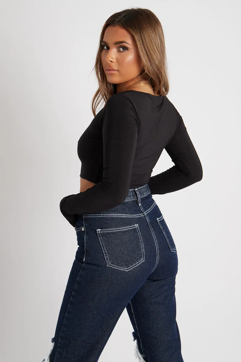 Black Slinky Thumb Hole Long Sleeve Crop Top - Kacci