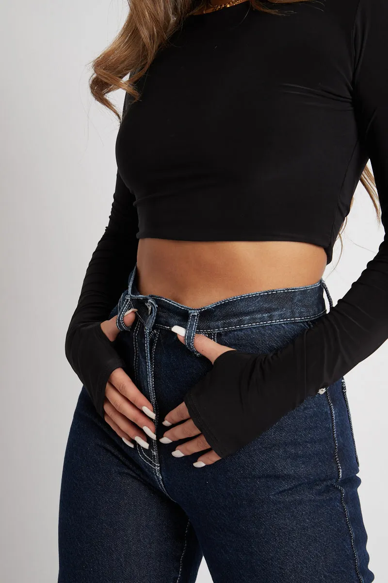 Black Slinky Thumb Hole Long Sleeve Crop Top - Kacci