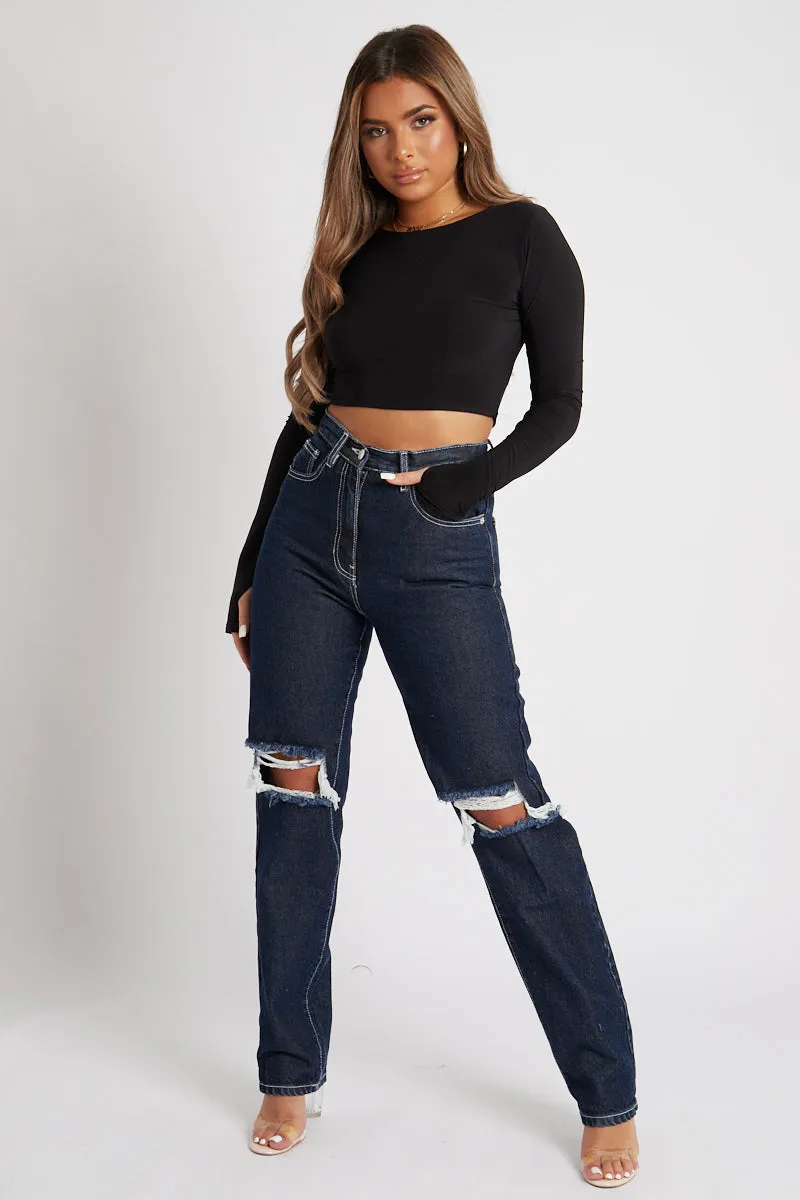 Black Slinky Thumb Hole Long Sleeve Crop Top - Kacci