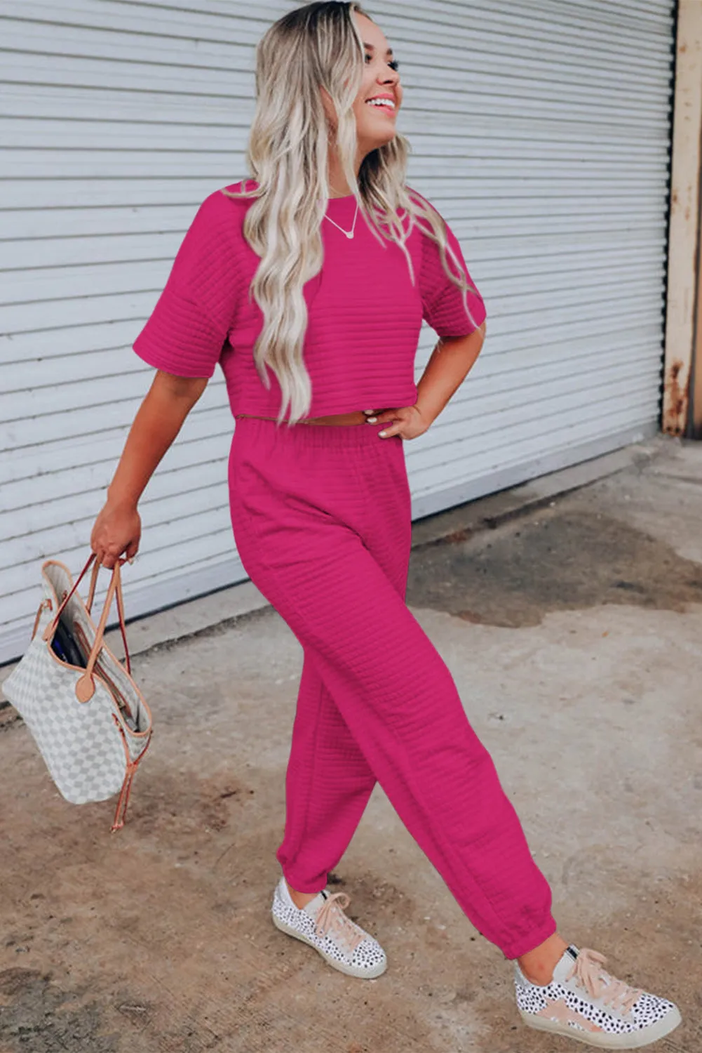 Black Textured Cropped Tee and Jogger Pants Set