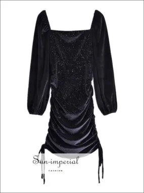 Black Velvet Long Sleeve Sequin Mini Dress with Square Collar Dual side Drawstring Ruched Bodycon