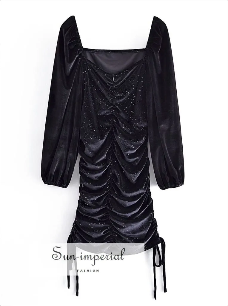 Black Velvet Long Sleeve Sequin Mini Dress with Square Collar Dual side Drawstring Ruched Bodycon