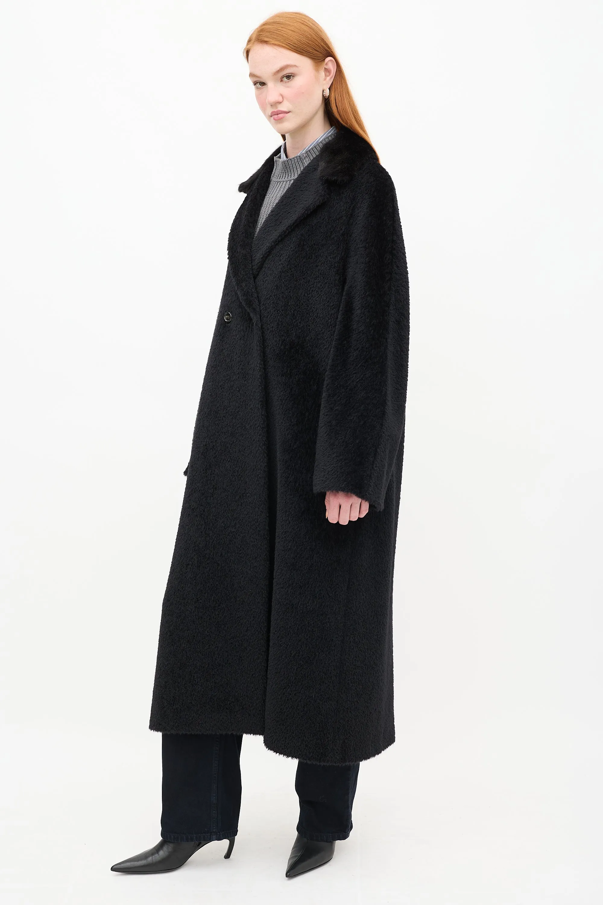 Black Wool Teddy Fur Trim Coat