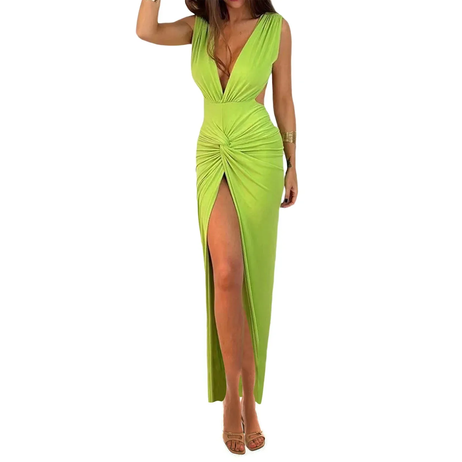 Bodycon Solid Color Deep V-Neck Sleeveless High Slit Cocktail Summer Party Club Backless Casual Long Dress