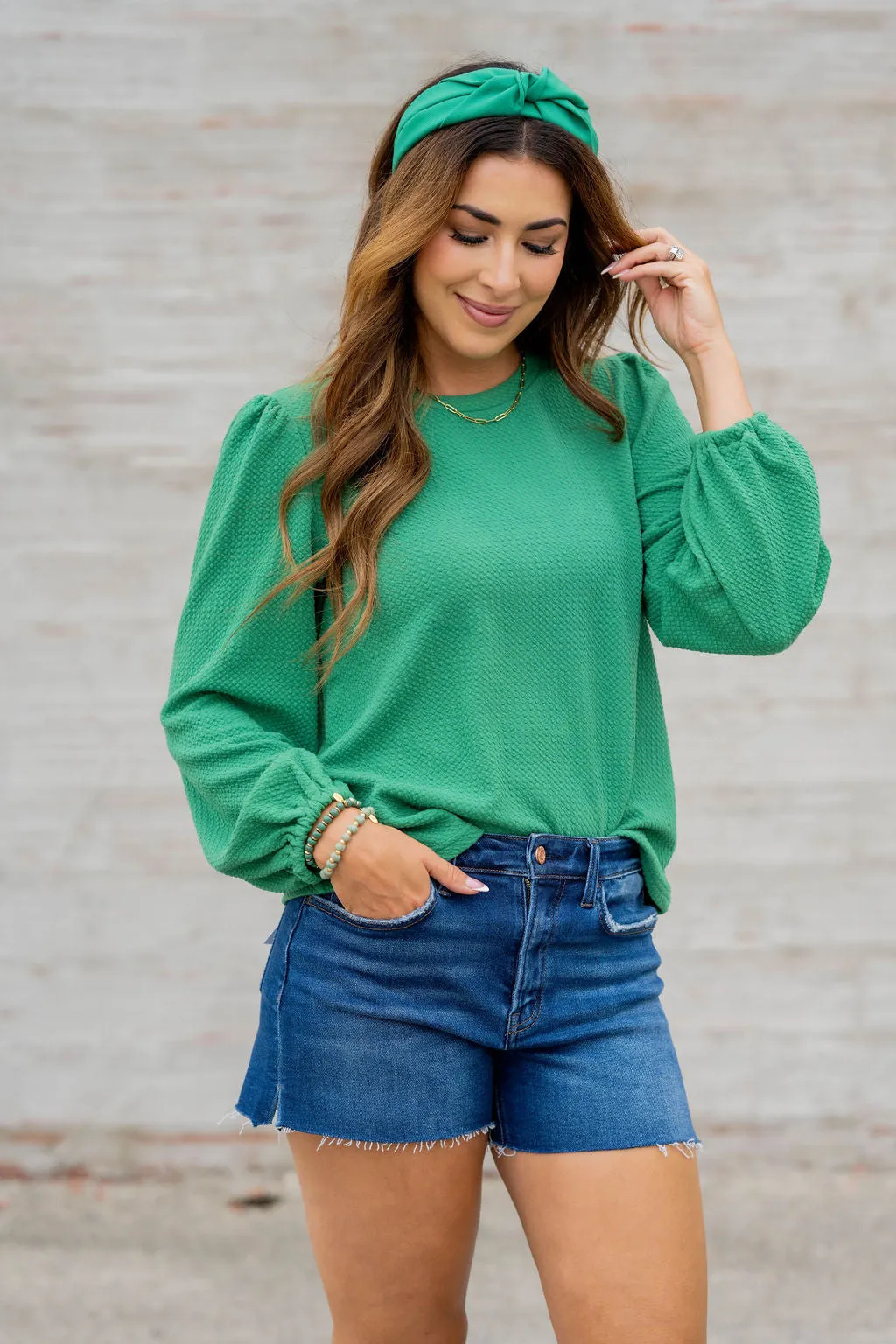 Bold Textured Cinched Sleeve Blouse